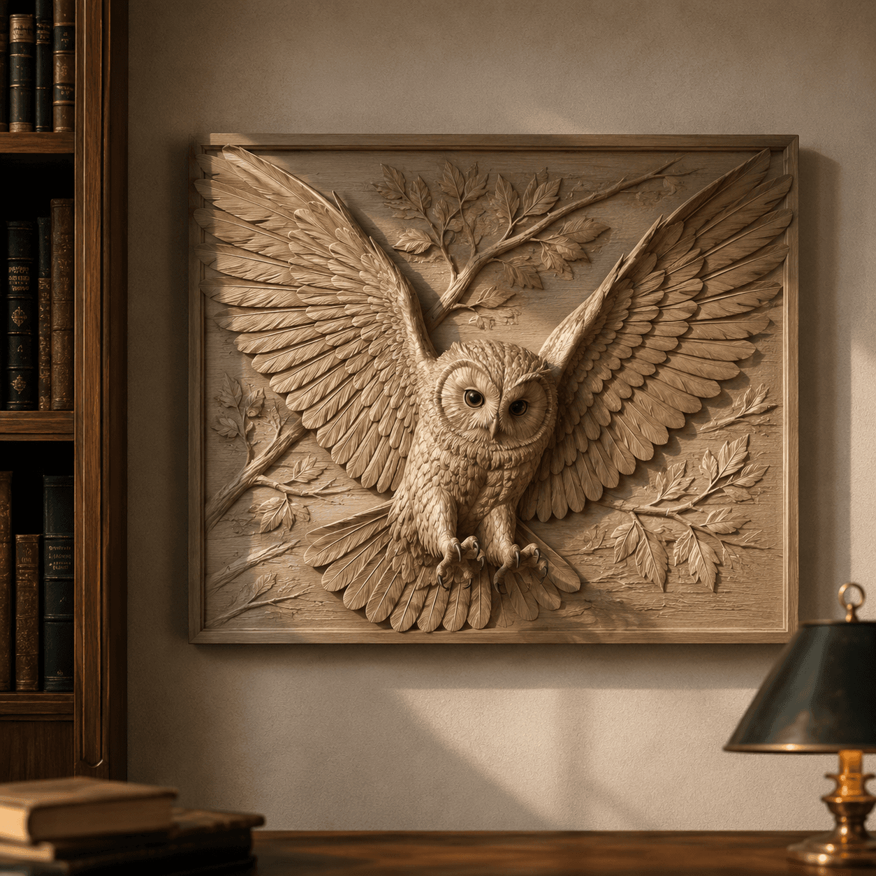 Panneau Chouette flamboyante, bas-relief ailes déployées