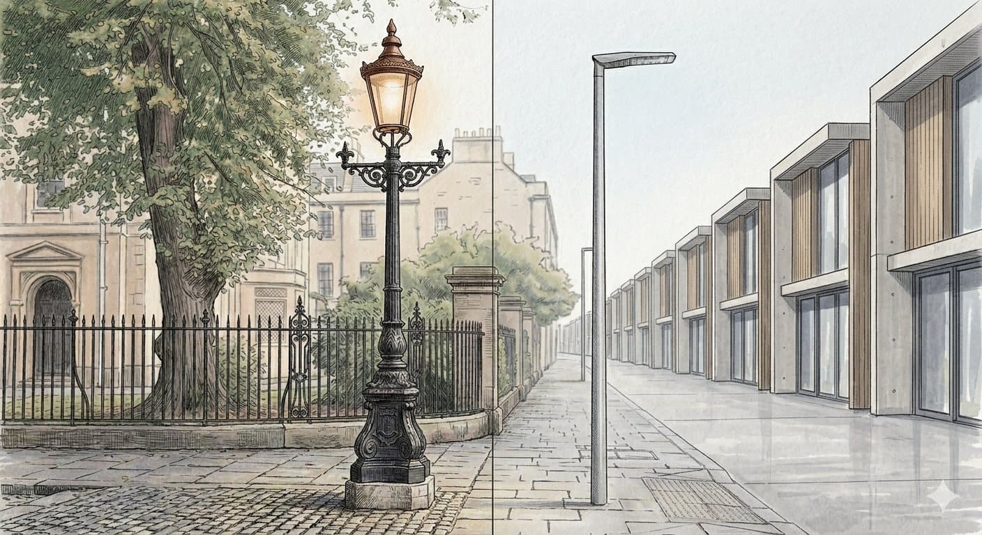 Dessin en deux moitiés : à gauche, une rue ancienne et son lampadaire en fonte ouvragé ; à droite, une rue moderne au lampadaire dépouillé