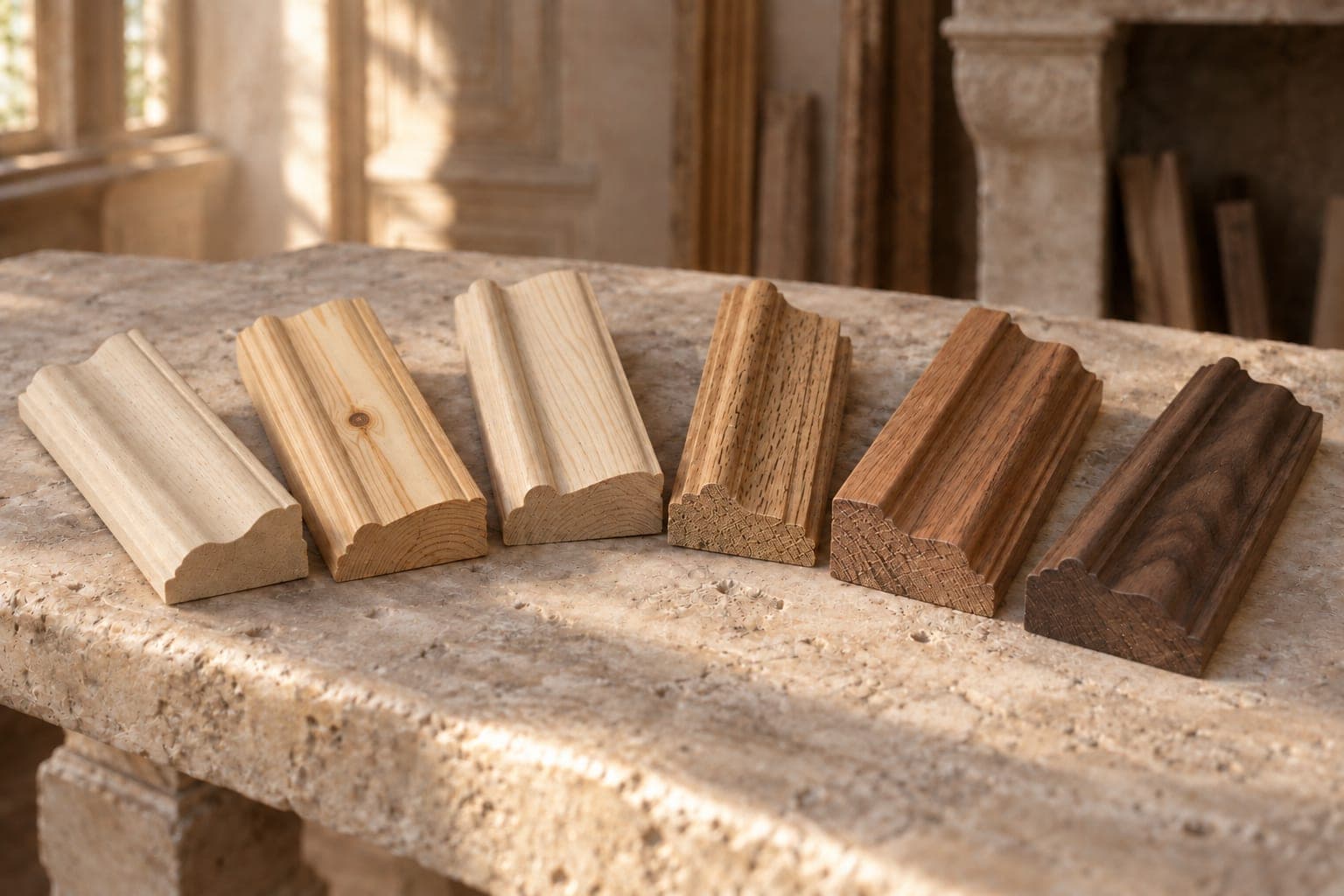 Six échantillons de moulure en bois, du plus clair au plus foncé, alignés sur une table en pierre