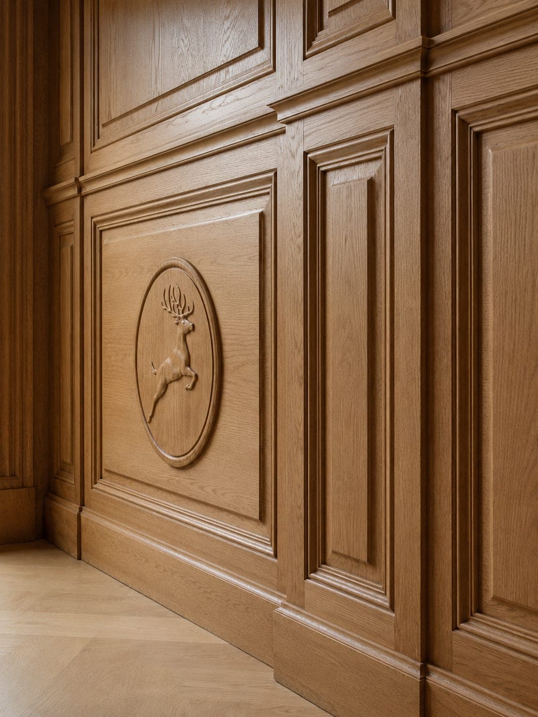 Graceful Stag oval medallion set into moulded wall panelling, shown in a room setting with herringbone parquet