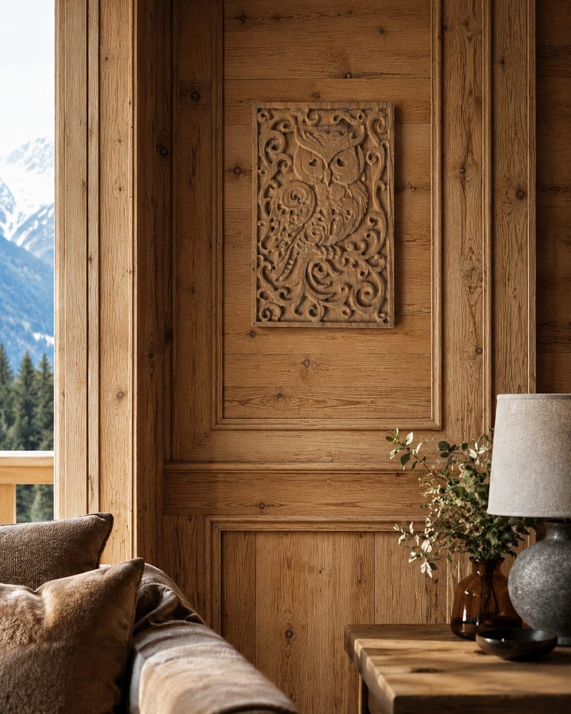 Flamboyant Owl shown in a room setting on wood panelling, in a chalet-style interior with a mountain view