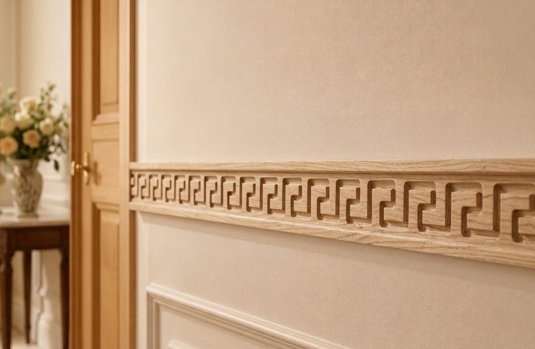 Mise en situation : cimaise à motif de grecque sur un mur crème, au-dessus d'un soubassement mouluré