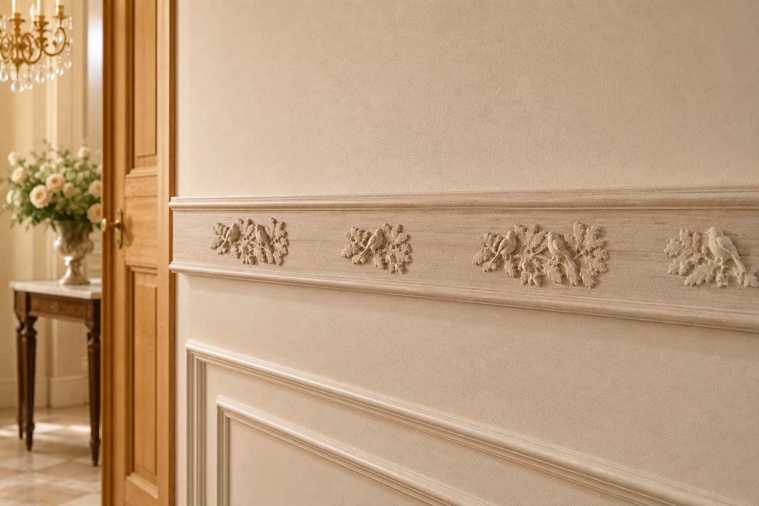 Cimaise et ses oiseaux en mise en situation : passereaux sculptés parmi des feuilles de chêne, au-dessus d'un soubassement
