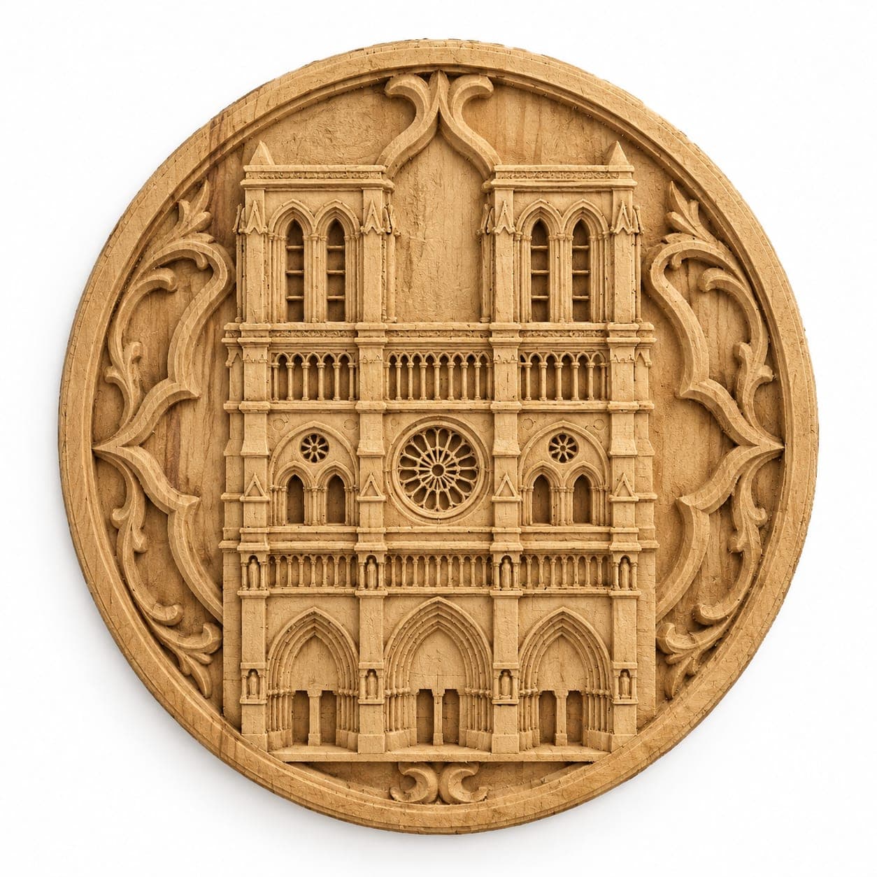 Médaillon cathédrale en bois sculpté, façade gothique à rosace encadrée de volutes feuillagées