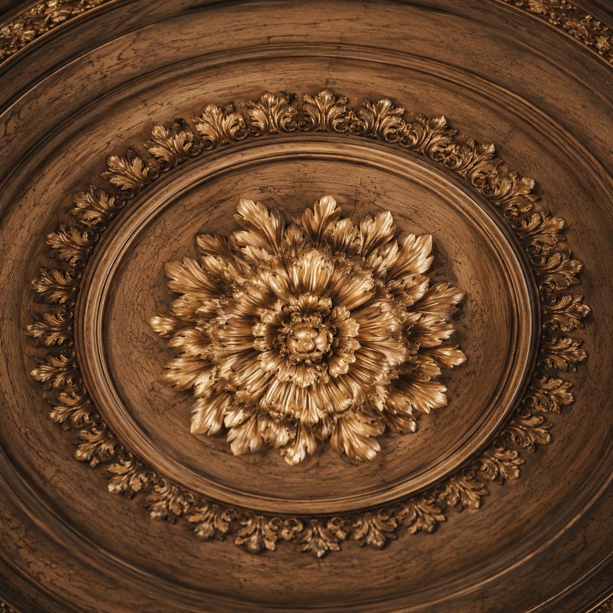 Plafonnier ou caisson en bois sombre : rosace centrale à feuilles d'acanthe aux reflets dorés, couronne de feuillages