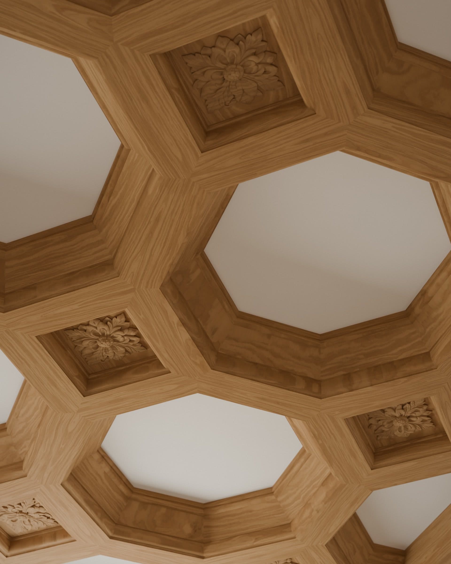 Mise en situation : gros plan sur les carrés d'un plafond à caissons en chêne, chacun orné d'une rosace sculptée de feuilles d'acanthe