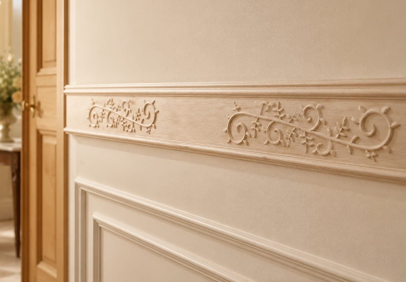 Mise en situation : cimaise sculptée de rinceaux sur un mur clair, au-dessus d'un soubassement mouluré