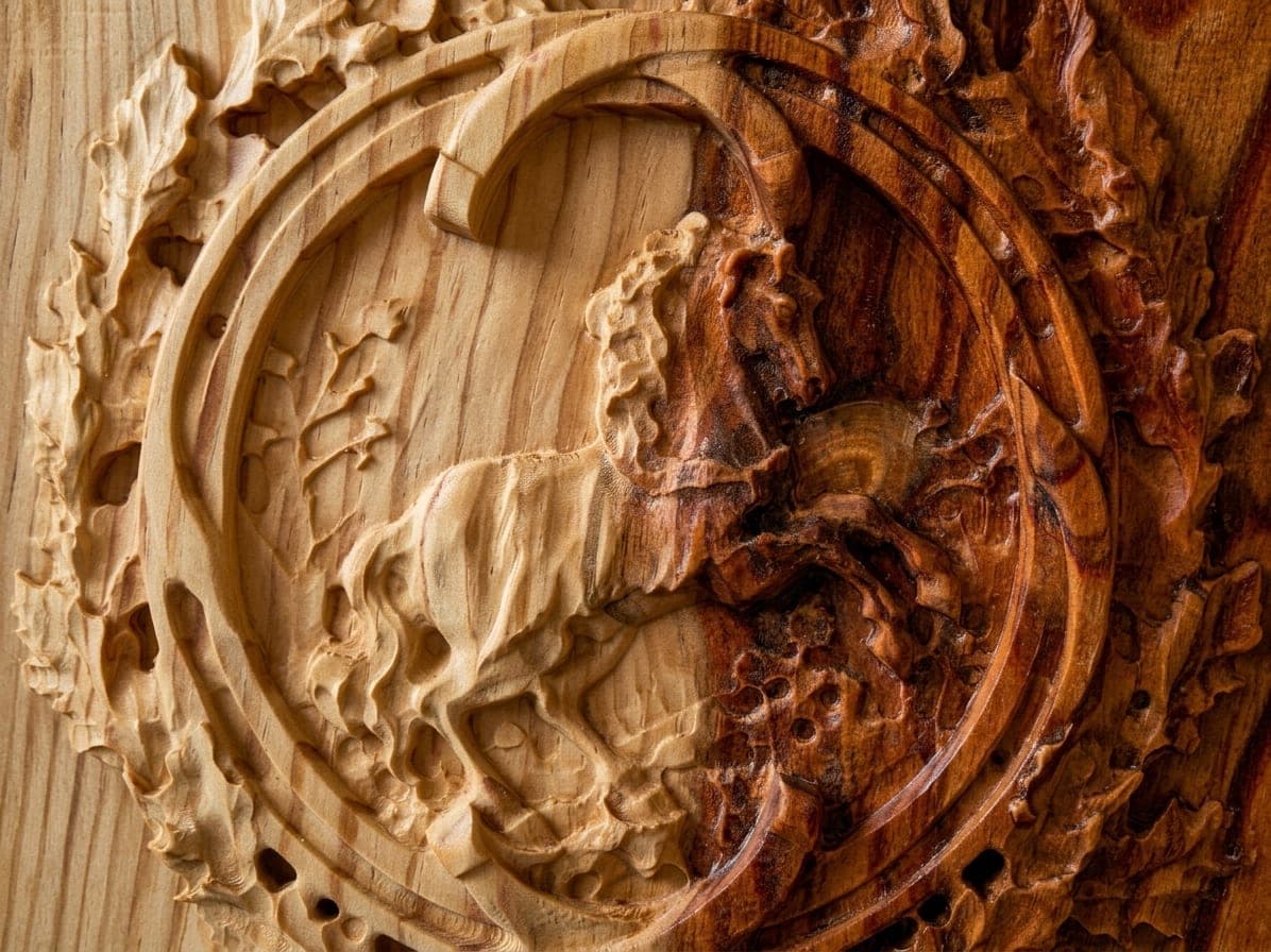 Détail du panneau Cheval et ses fers, moitié bois naturel, moitié teinté
