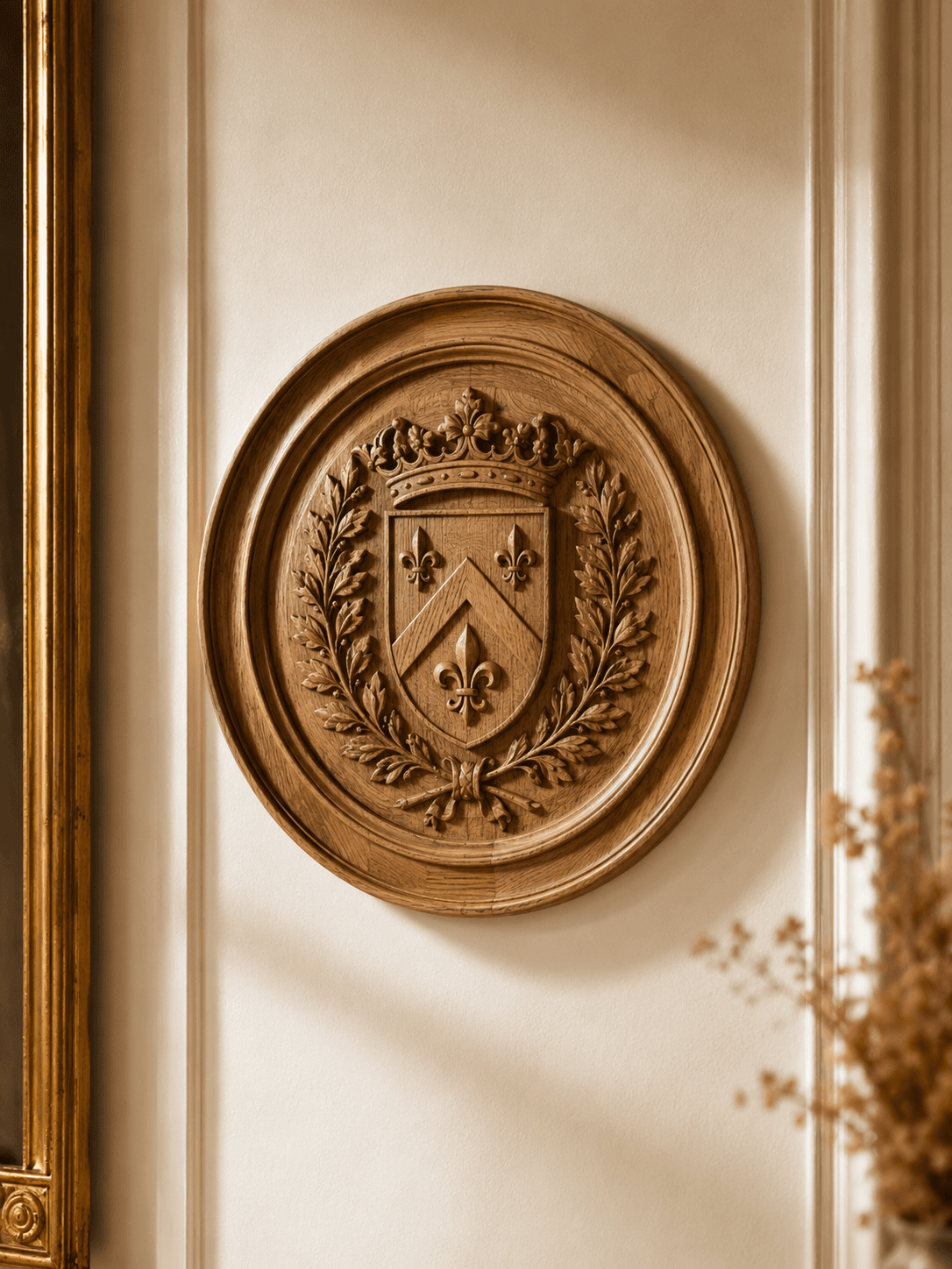 Mise en situation : blason sculpté dans un médaillon ovale, écu à fleurs de lys sous une couronne, entouré de lauriers