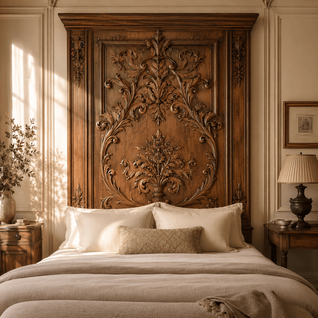 Setting: a carved scroll panel used as a headboard in a bedroom