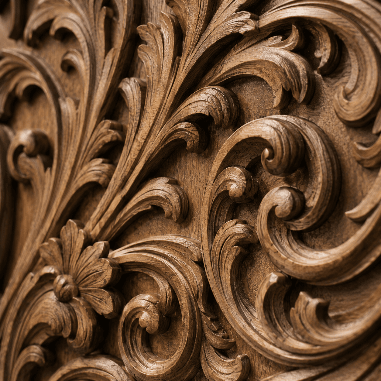 Setting: close-up of carved acanthus leaves and scrolls in wood