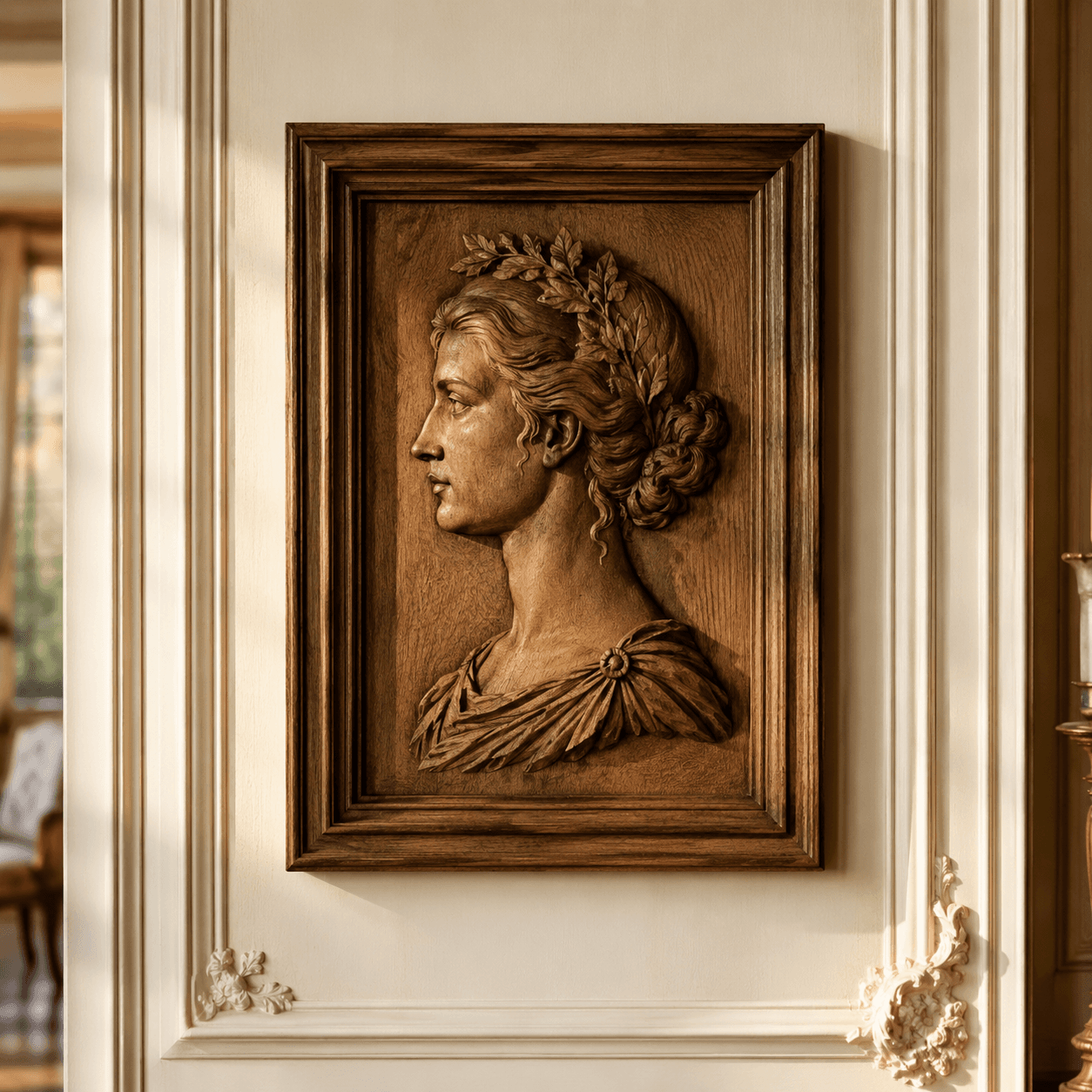 Mise en situation : portrait de profil sculpté en bas-relief, encadré de bois sombre sur un mur mouluré