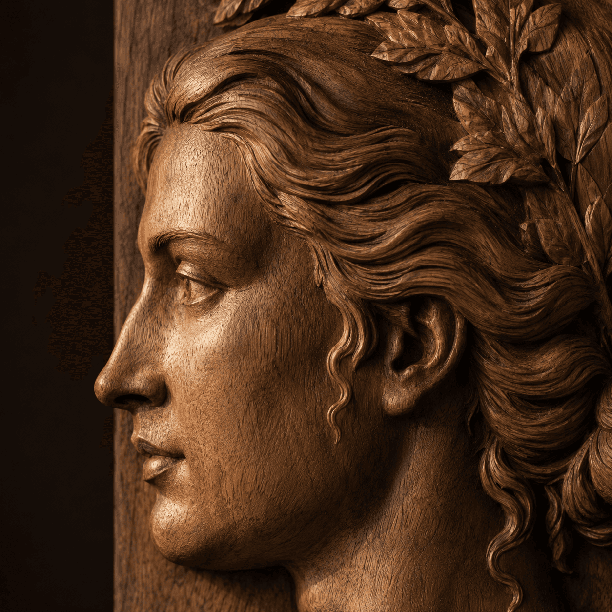 Mise en situation : profil de femme couronnée de lauriers, sculpté en relief dans le bois