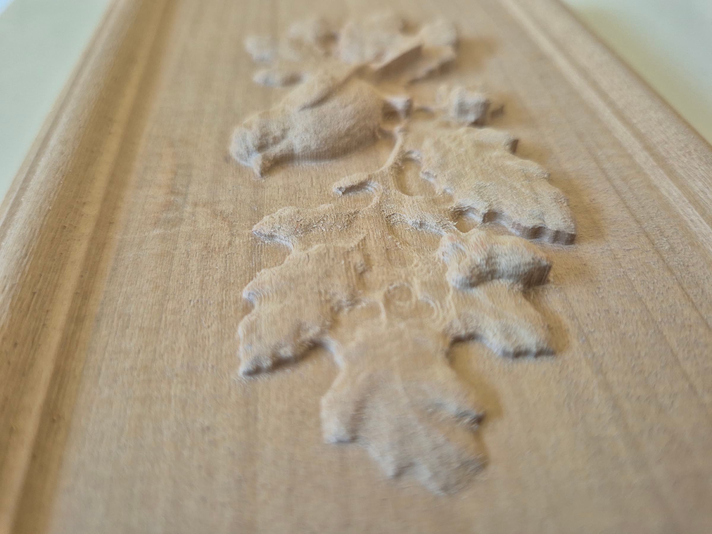 Gros plan en lumière rasante sur la Cimaise et ses oiseaux, bois massif brut : un oiseau et des feuilles de chêne sculptés en relief, bord mouluré, fil du bois apparent