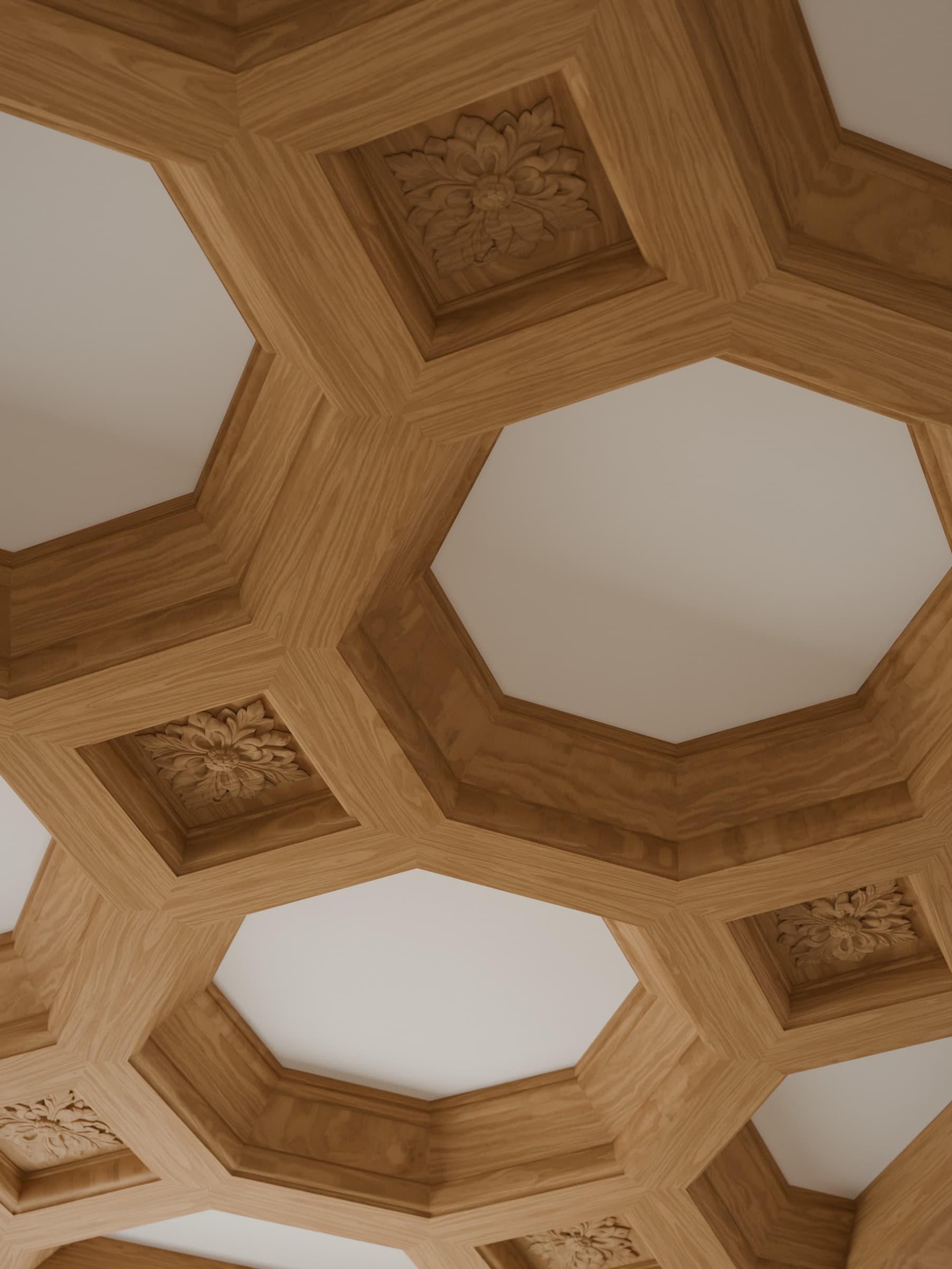 Mise en situation : gros plan sur les carrés d'un plafond à caissons en chêne, chacun orné d'une rosace sculptée de feuilles d'acanthe