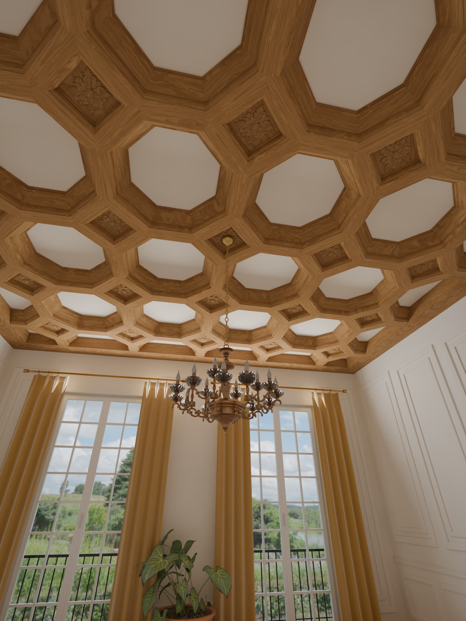 Mise en situation : plafond à caissons en chêne, octogones aux fonds crème et carrés ornés d'une rosace sculptée, sous un lustre de laiton