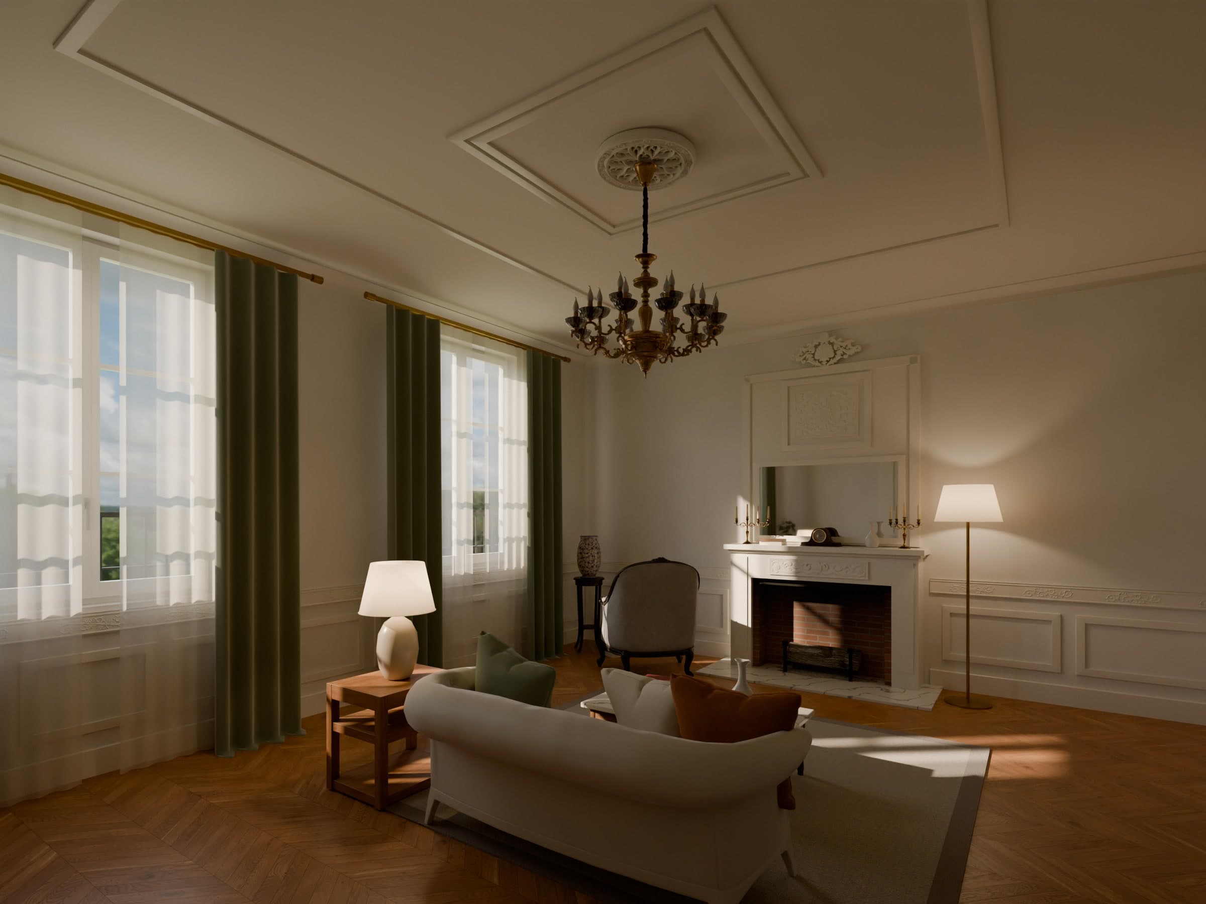 Mise en situation : salon haussmannien aux murs clairs, soubassement à cadres moulurés, cheminée habillée de bois peint et trumeau orné du Panneau d'ornement