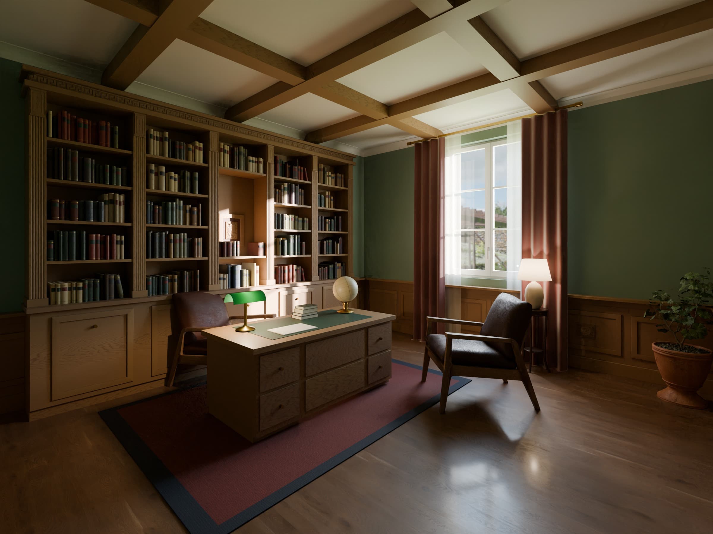 Mise en situation : bureau-bibliothèque en chêne, bibliothèque à pilastres couronnée de la Cimaise Grecque, soubassement lambrissé