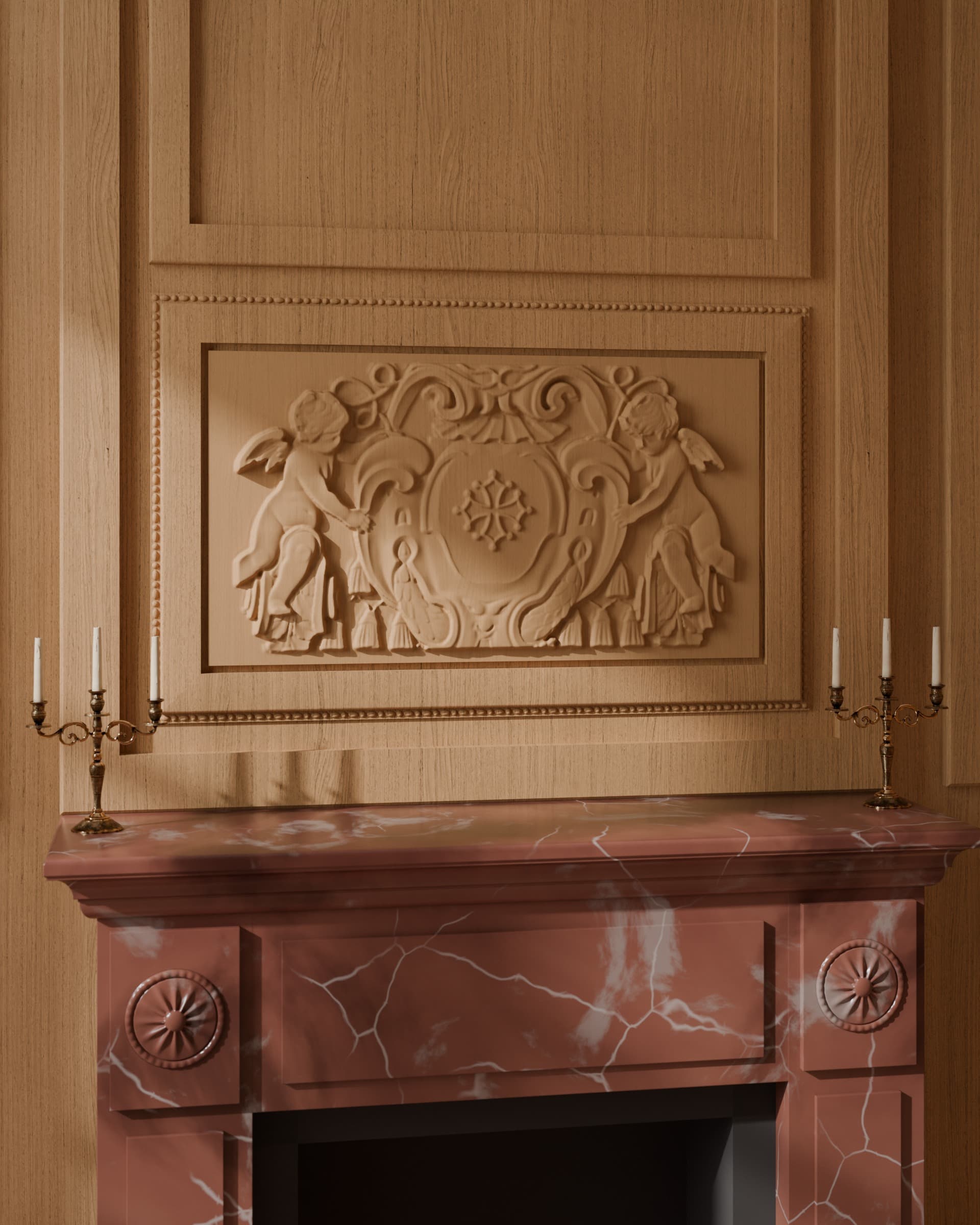 Mise en situation : blason sculpté aux deux angelots et à la croix occitane, au centre d'un lambris de chêne qui surmonte une cheminée de marbre rouge